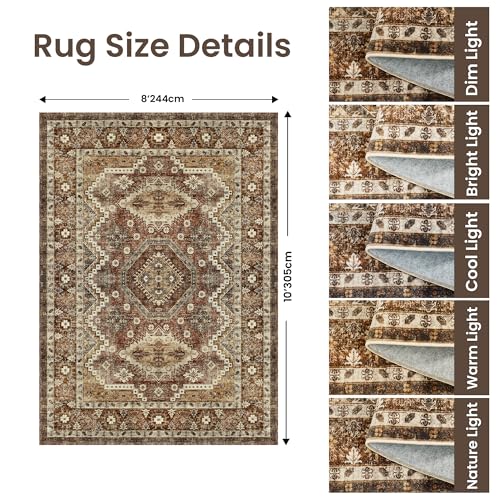 Rugland 8x10 Area Rugs - Stain Resistant Washable Rug, Anti Slip Backing Rugs for Living Room, Vintage Tribal Area Rugs (TPR07-Rust, 8'x10')