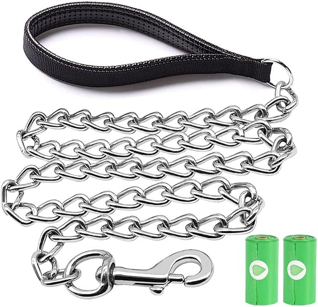 ORACHA Dog Chain, Metal Dog Leads for Medium Large Dogs(79~110lbs), 5mm 4ft Chew Proof Dog Leash, Heavy Duty Puppy Lead with Padded Comfy Handle Dog Poop Bags for Dogs Walking and Traveling