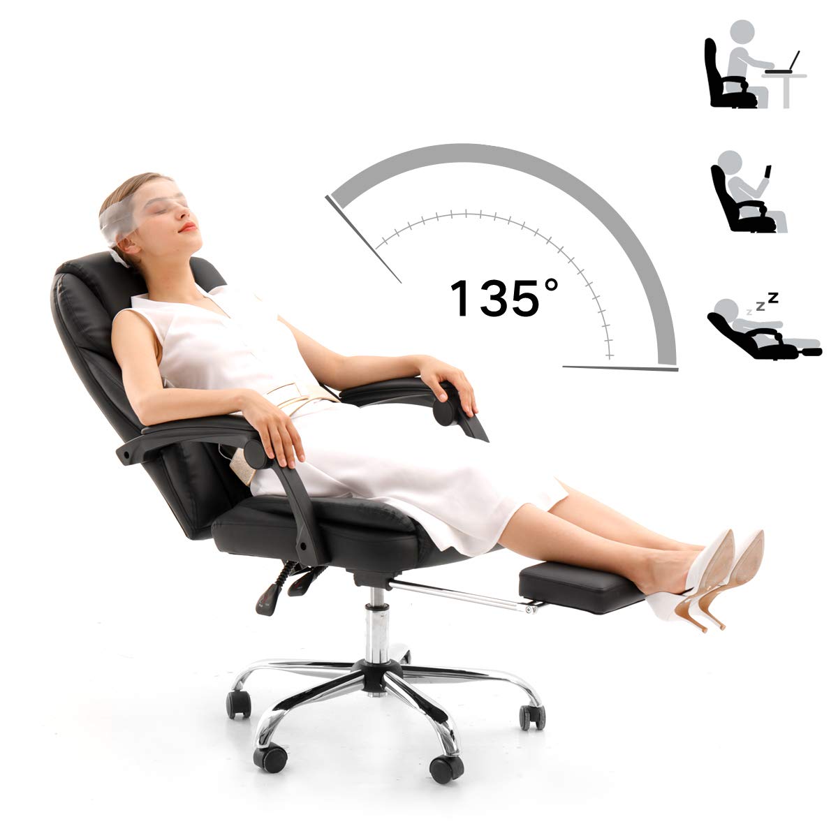 Hbada Ergonomic Executive Office Chair, PU Leather Swivel Desk Chair,Adjustable Height High-Back Reclining Chair with Padded Armrest and Footrest,Black