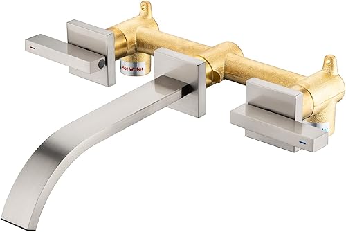 Grifo de pared de latón níquel cepillado montado en la pared grifo de baño, grifo de fregadero de baño de montaje en pared, manija de doble palanca,