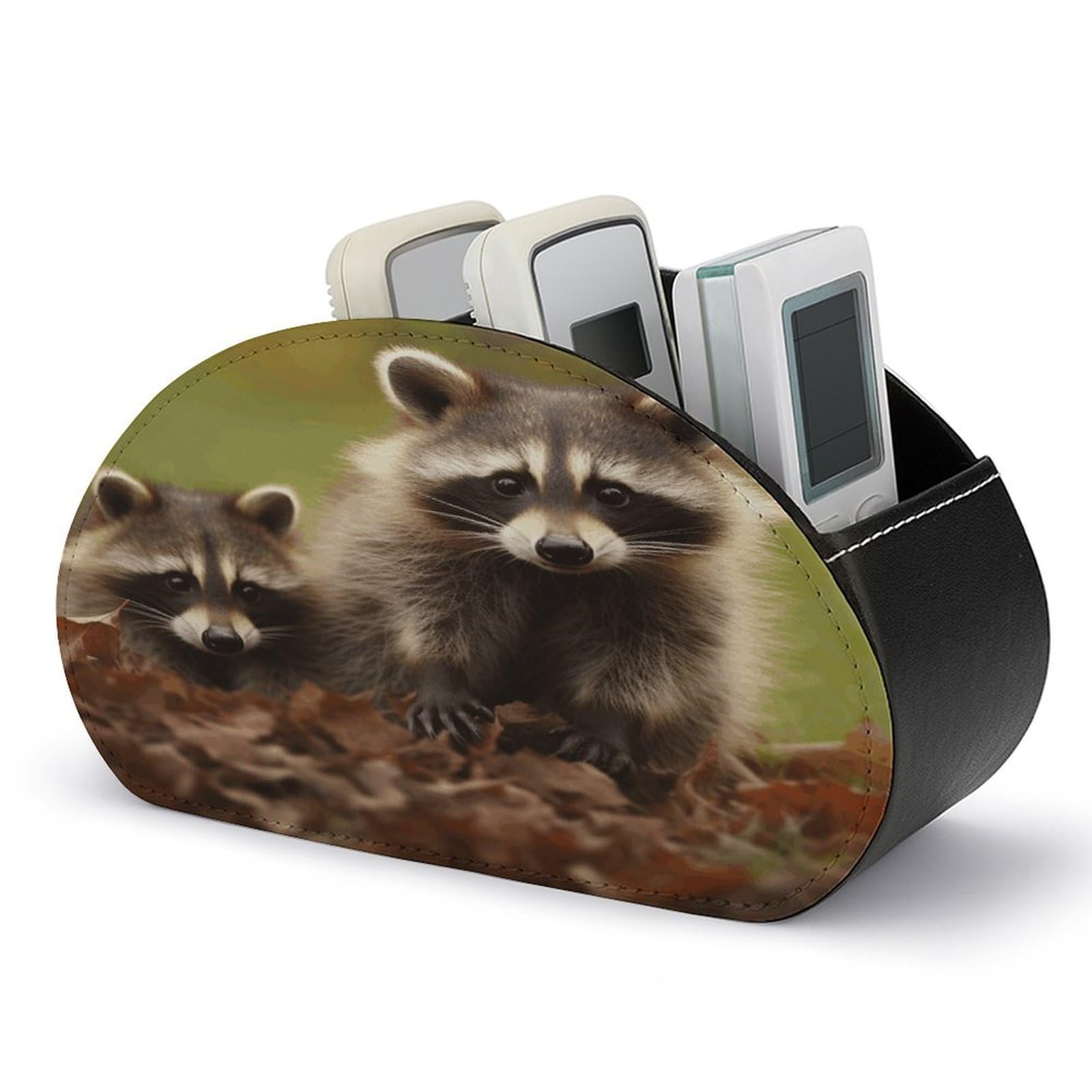 VstaDank Raccoon Remote Control Holder with 5 Compartments Pu Leather TV Remote Caddy Storage Box Desktop Organizer Store Controller DVD Brush Pens Glasses&Office Supplies