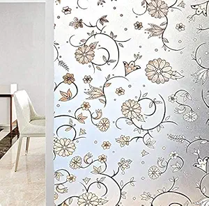 Ace Interior 3D Lotus Printed Window Privacy Sticker Glass Sticker Window Film Polyvinyl PVC Window Film Self Adhesive Decorative Sticker for Bathroom/Door Window/Heat Control/Sidelight/Anti UV