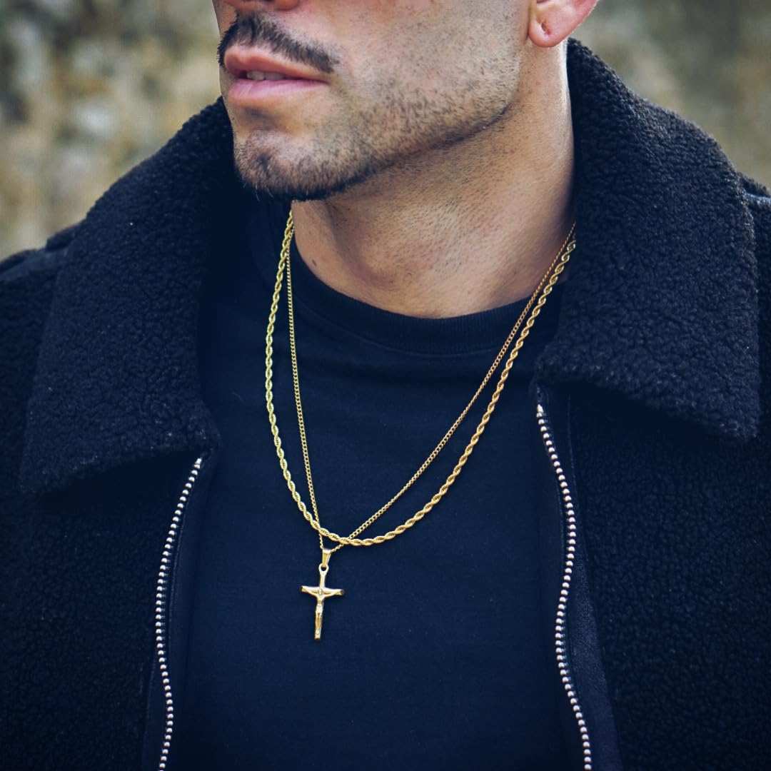 DVRK® Pack 2 Collares Hombre Bañados en Oro 18k con Base Acero Inoxidable 316L Resistentes al Agua - Cadena Oro Hombre, Cordón, Collar Figaro, Cruz, Crucifijo, Rope, Regalos