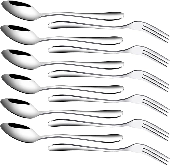 RETON 12 Pcs Stainless Steel Dessert Forks and Spoons Set, 3 Tines Cake
