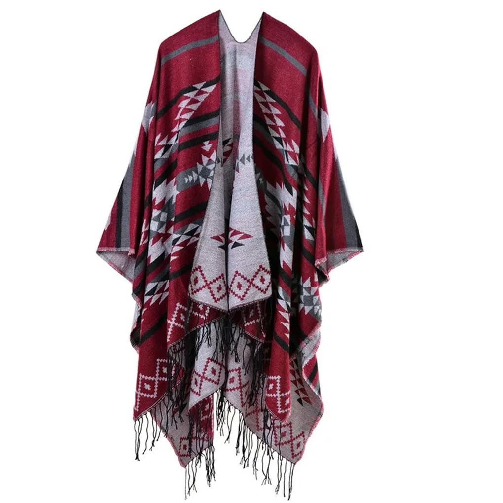 Dninmim Suéter de punto cálido para mujer, otoño e invierno, con estampado de capa, poncho de borla, cárdigan