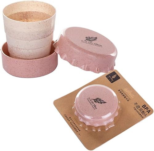 Miniatura 9 de Taza de camping plegable con tapa, plegable telescópica de trigo con paja, taza de agua plegable sin BPA para viajes al aire libre, color beige