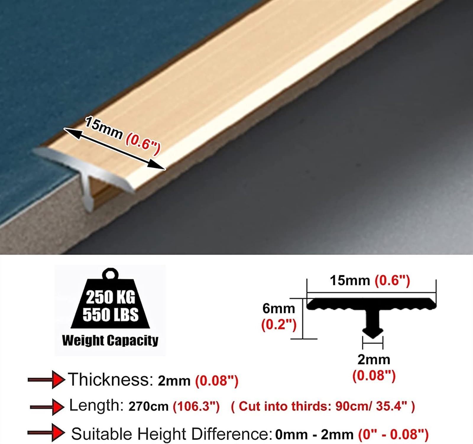Profilo di Transizione, Striscia di Soglia, Strisce di transizione for cuciture del pavimento in alluminio, pavimentazione for porte interne/rifiniture for bordi in tavola di vinile con finitura opaca