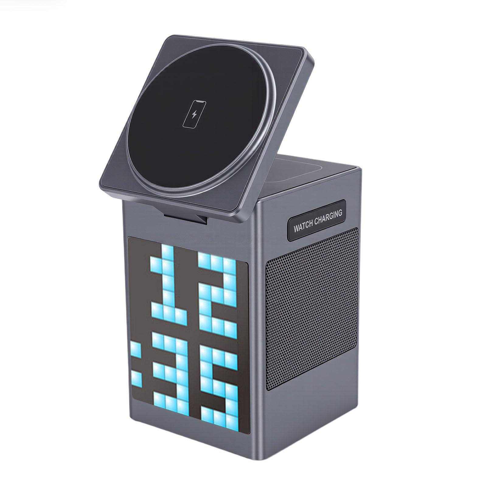 Bezprzewodowa Stacja ładująca 6 w 1, Podstawka ładująca do Wielu urządzeń, Przenośna Podróżna Stacja z Głośnikiem Bluetooth, Wyświetlacz z animacją Pikseli i Budzik