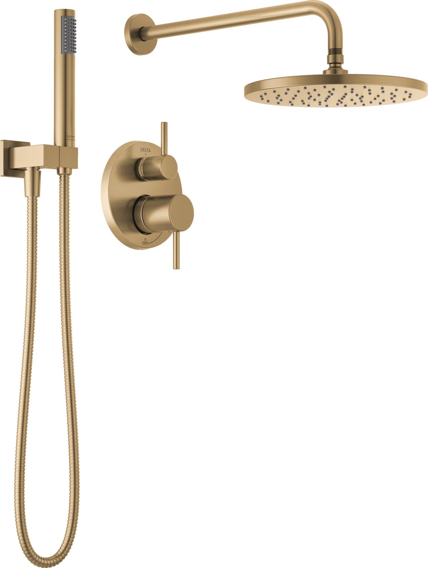 Delta Modern 14 Series Round Rain Shower System Faucet Set, Rainfall Brushed Gold Shower Head and Handle Set, Valve Trim Kit, 10 Inch, Champagne Bronze 342702-CZ