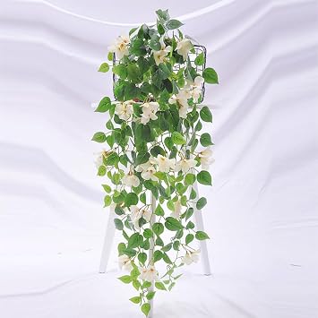 2Pcs Artificial Hanging Flowers Bougainvillea 39" UV Resistant Fake Bougainvillea Vines Outdoor Faux Silk Bougainvillea for Wall Porch Patio Balcony Garden Yard Outside Basket Decoration white