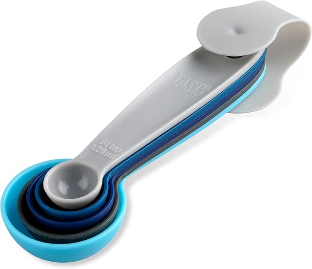 Tasty 5-Piece Measuring Spoons Set for Baking, Nesting Cups Set, Plastic Tablespoons & Spoons Set, Baking Gadgets Tools, Dimensions: 1/4tsp, 1/2tsp, 1tsp, 1/2tbsp, 1tbsp, Colour: Blue, Grey