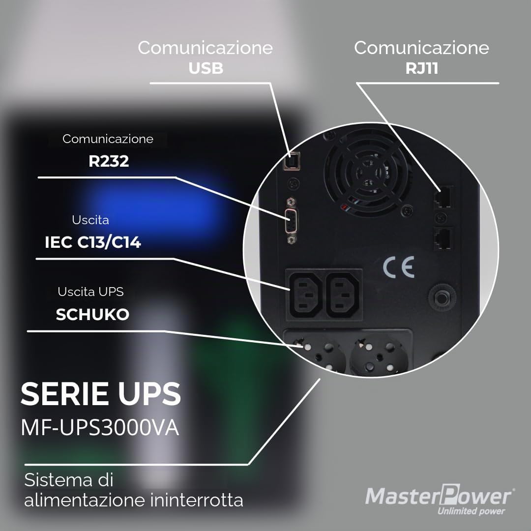 Master U-Power UPS 3000VA (1800W) Offline – Gruppo di Continuità con Protezione da Interruzioni e Sovratensioni – Ideale per PC, Server e Reti