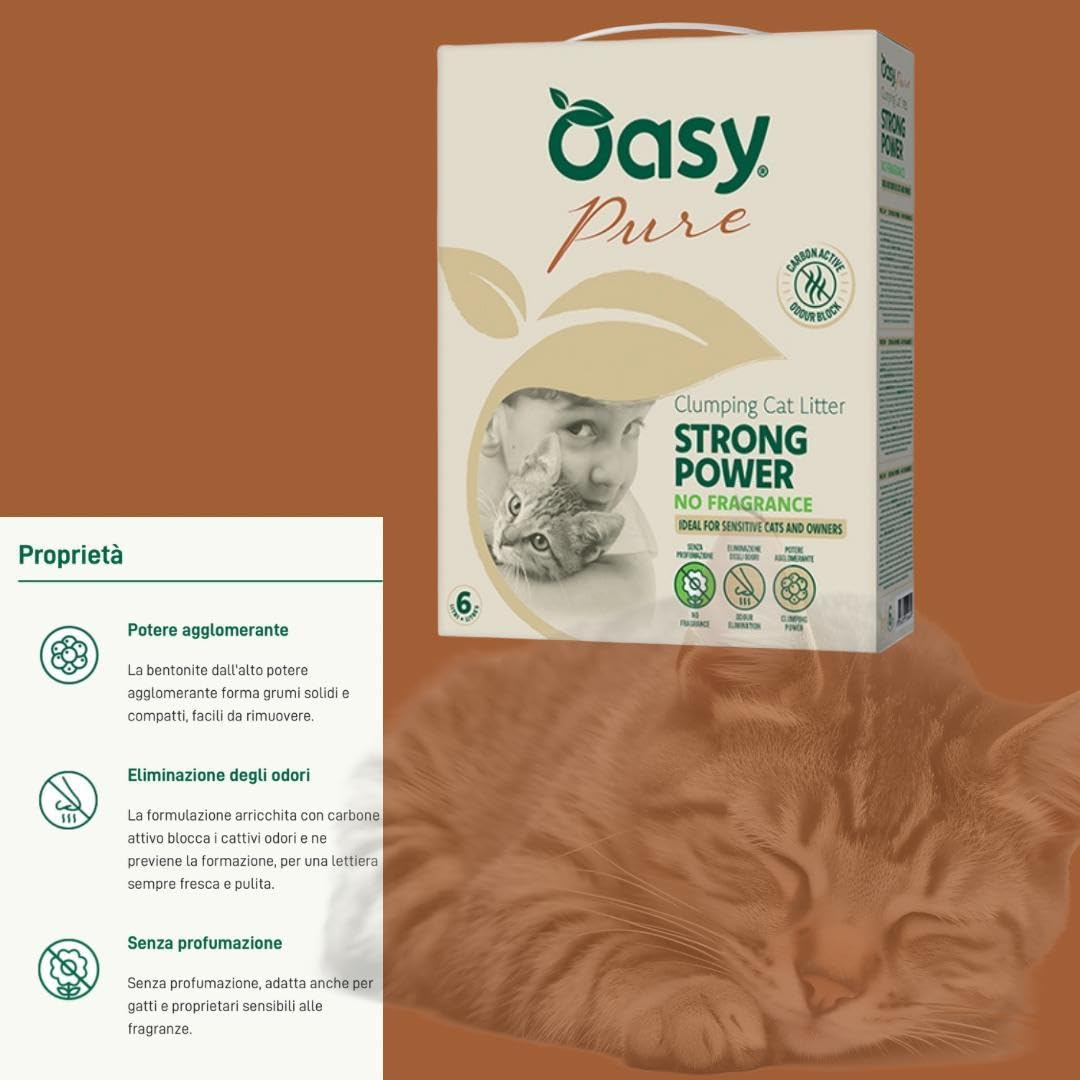 Arena Oasy para gatos Strong Power sin fragancia, arena súper aglomerante con carbón activo para gatos sensibles de todas las edades y tamaños | 1 paquete de 10 litros.