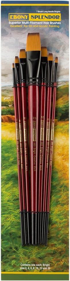 Creative Mark Ebony Splendor Long-Handled Synthetic Sable Paint Brush, Bright Set of 7, Teijin Multi-Filament Hair, Handcrafted Synthetic Paint Brushes for Acrylic Painting, Watercolor Painting & More