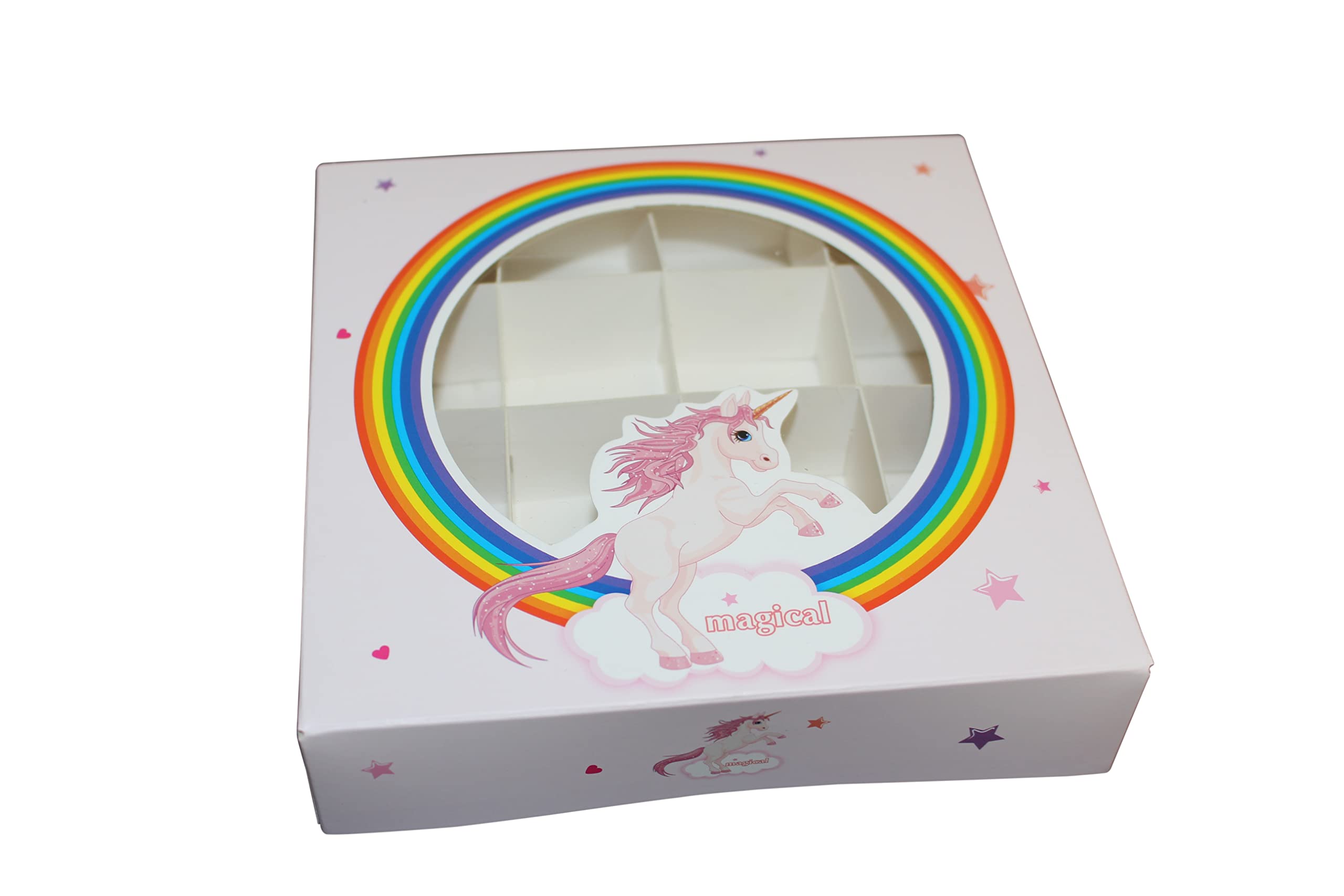 EMPTY SWEET/GIFT BOX - FOOD SAFE - 15x15x3.5cm - 9 or 16 GRID SECTION (UNICORN DESIGN, 10 BOXES - 16 GRID SECTIONS) — image 1