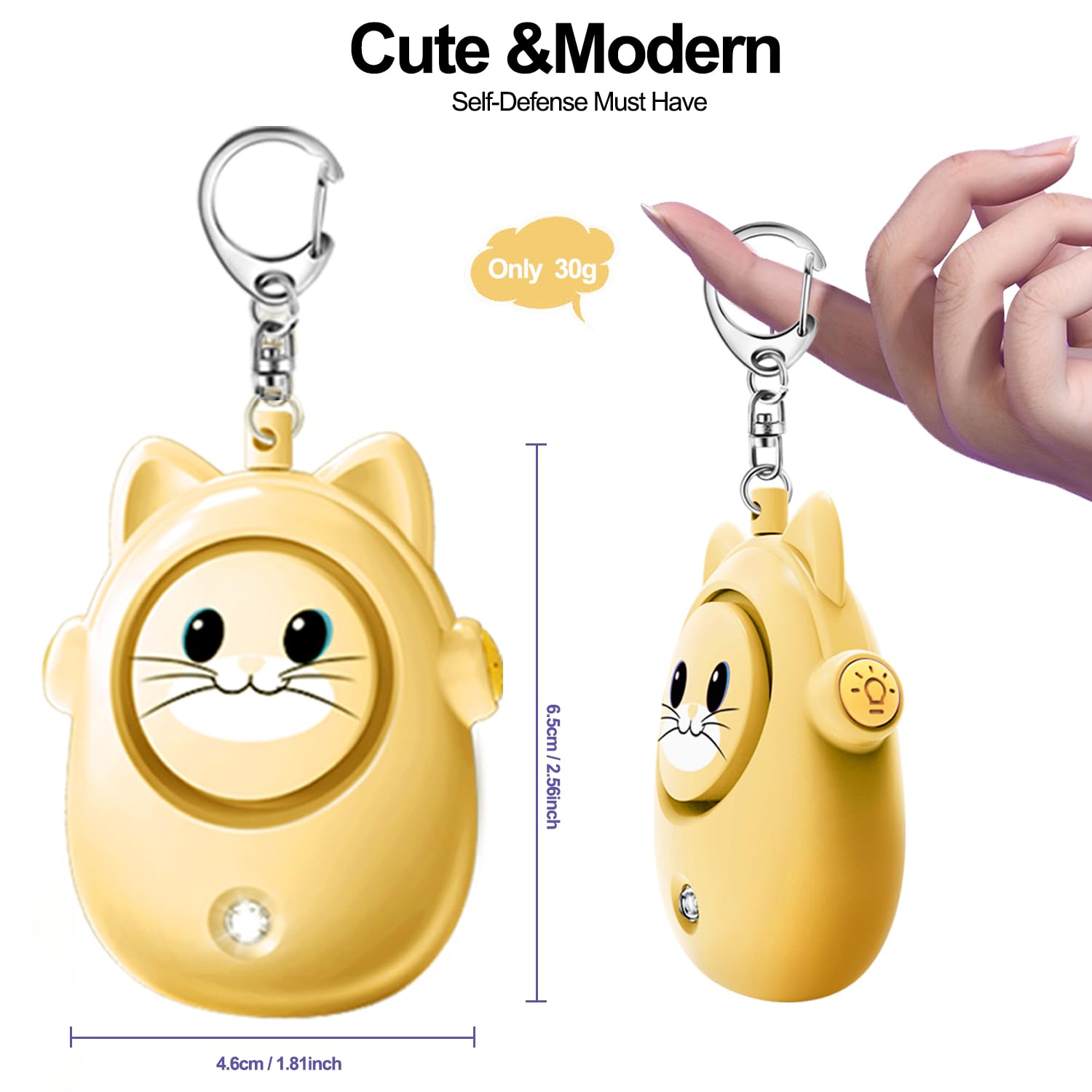 Persönlicher Sicherheitsalarm, Schlüsselanhänger mit LED-Licht, sicherer Ton, 130 dB laute Sirene, Katzen-Design, Sicherheitsgerät für Frauen, Kinder, ältere Menschen
