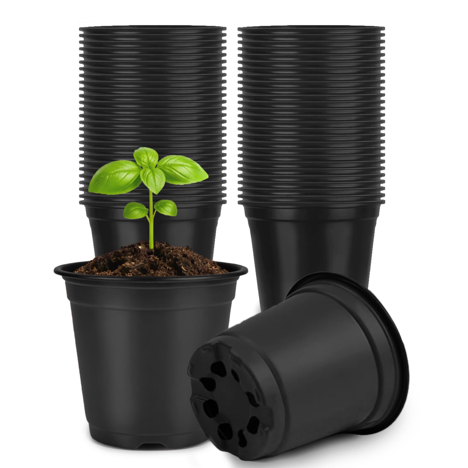 KINGLAKE 100 Stück 10 cm Pflanztöpfe aus Kunststoff, für Gartenpflanzen, rund, für saftige Blumensamen – Schwarz