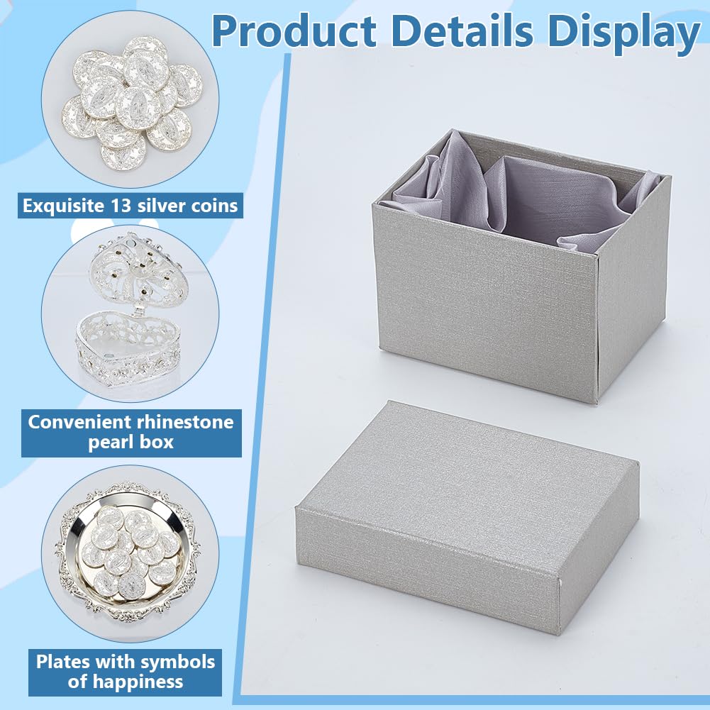 ORIGACH Juego de monedas de plata Arras de Boda, caja en forma de corazón con 13 monedas de Jesús y bandeja en relieve, accesorios de boda para ceremonia