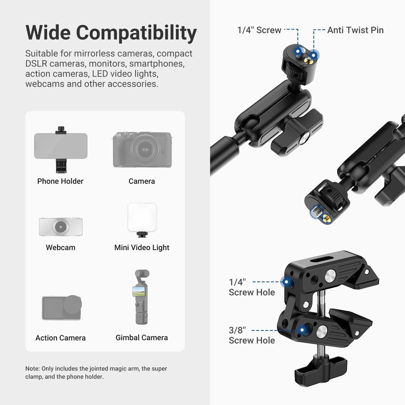 NEEWER BASICS Magiczny stojak na biurko z super zaciskiem, uchwyt na telefon i adapter 0,6 cm na 1 cm, uchwyt na mikrofon do górnego uchwytu fotograficznego, akcesoria fotograficzne do kamery