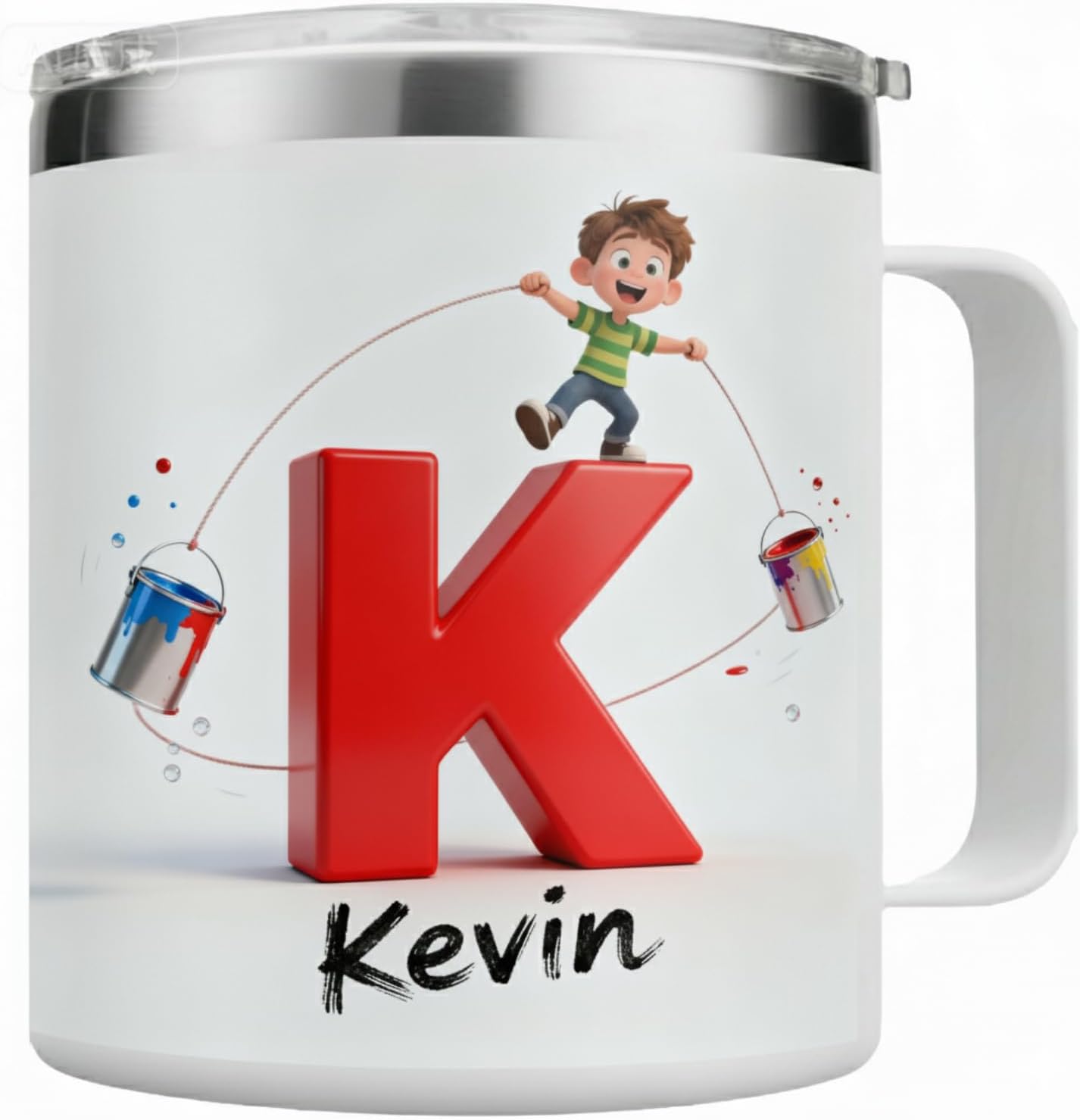 Personalized Kids Mug for Boys with Custom Name, Fun Paint Splash Initial Cup – 14oz Insulated Stainless Steel Tumbler with Handle & Lid, Creative Christmas Stocking Stuffer & Birthday Gift (B67)