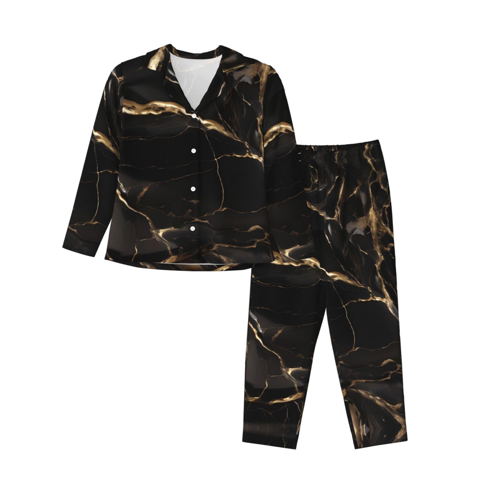 Set pigiama da donna a maniche lunghe nero oro marmo stampato a maniche lunghe abbottonato pigiama set disponibile in 5 taglie