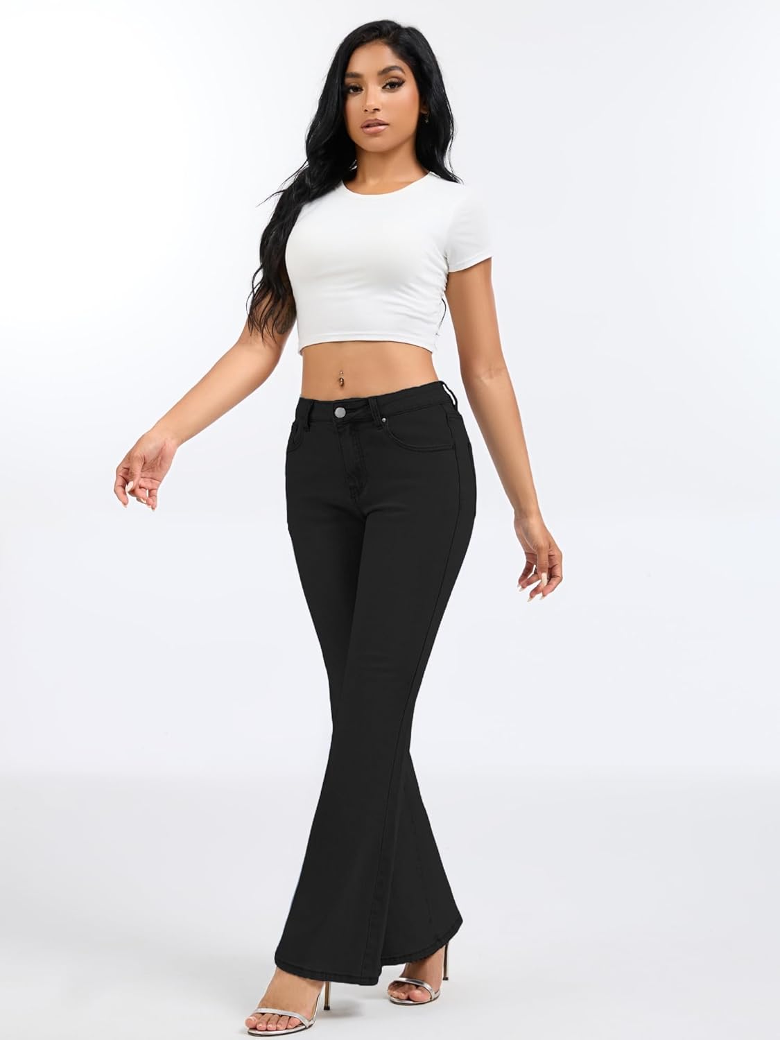 Flare Bell Bottom Jeans for Women Mid Low Rise Slim Vintage Washed Bootcut Denim Pants - Image 3