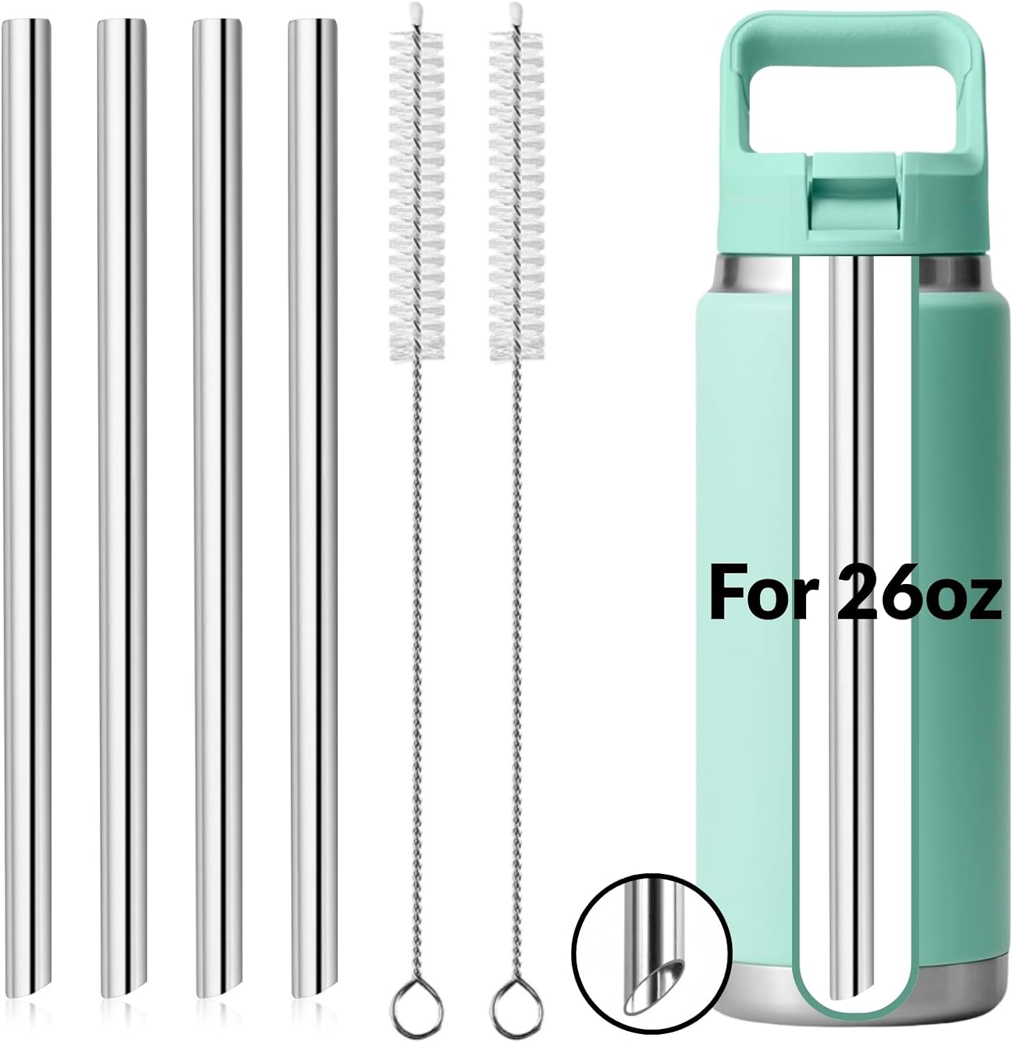 4PCS Replacement Metal Straw for YETI Rambler Jr. Water Bottle, Reusable Stainless Steel Replacement Straws with 2PCS Cleaning Brushes Compatible with YETI Rambler Jr. Bottle (12oz)