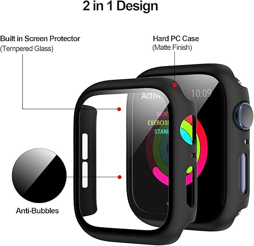 Miniatura 10 de BHARVEST - Paquete de 2 fundas rígidas de policarbonato compatibles con Apple Watch, con protector de pantalla de cristal templado sin burbujas para