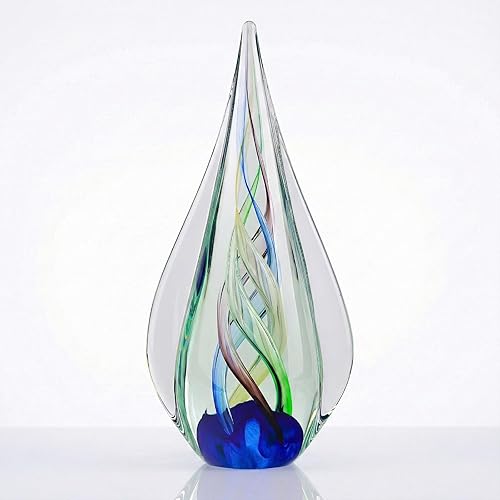 Hand Blown Glass Sculpture, Murano Style Decor, Aqua Glass Art Collection Figurines, Teardrop Decorative Statue for Office Shelf, Unique Teardrop