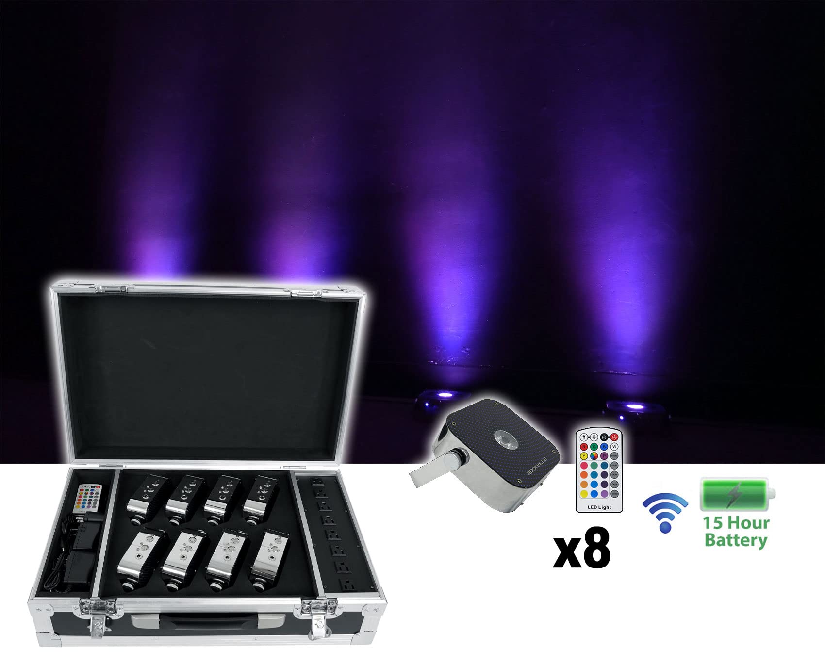 Rockville Mini RF1 V2 Charge Package 8 RGBWA+UV Wireless DMX Battery-Powered Lights, Charging Flight Case, RF Remotes, Perfect for DJs & Events