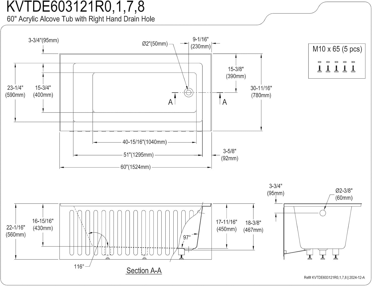 Kingston Brass KVTDE603121R8 60" Acrylic Rectangular 3-Wall Alcove Tub with Tub Door, Right Hand Drain, White/Brushed Nickel