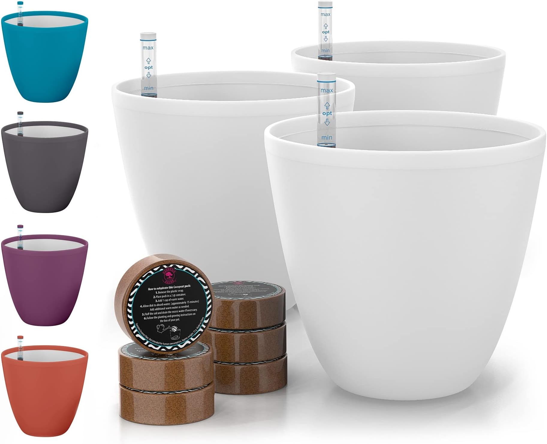 GARDENIX DECOR 7'' Self Watering planters for Indoor Plants - Flower Pot with Water Level Indicator for Plants, Grow Tracking Tool - Coco Coir - White 3 Pack