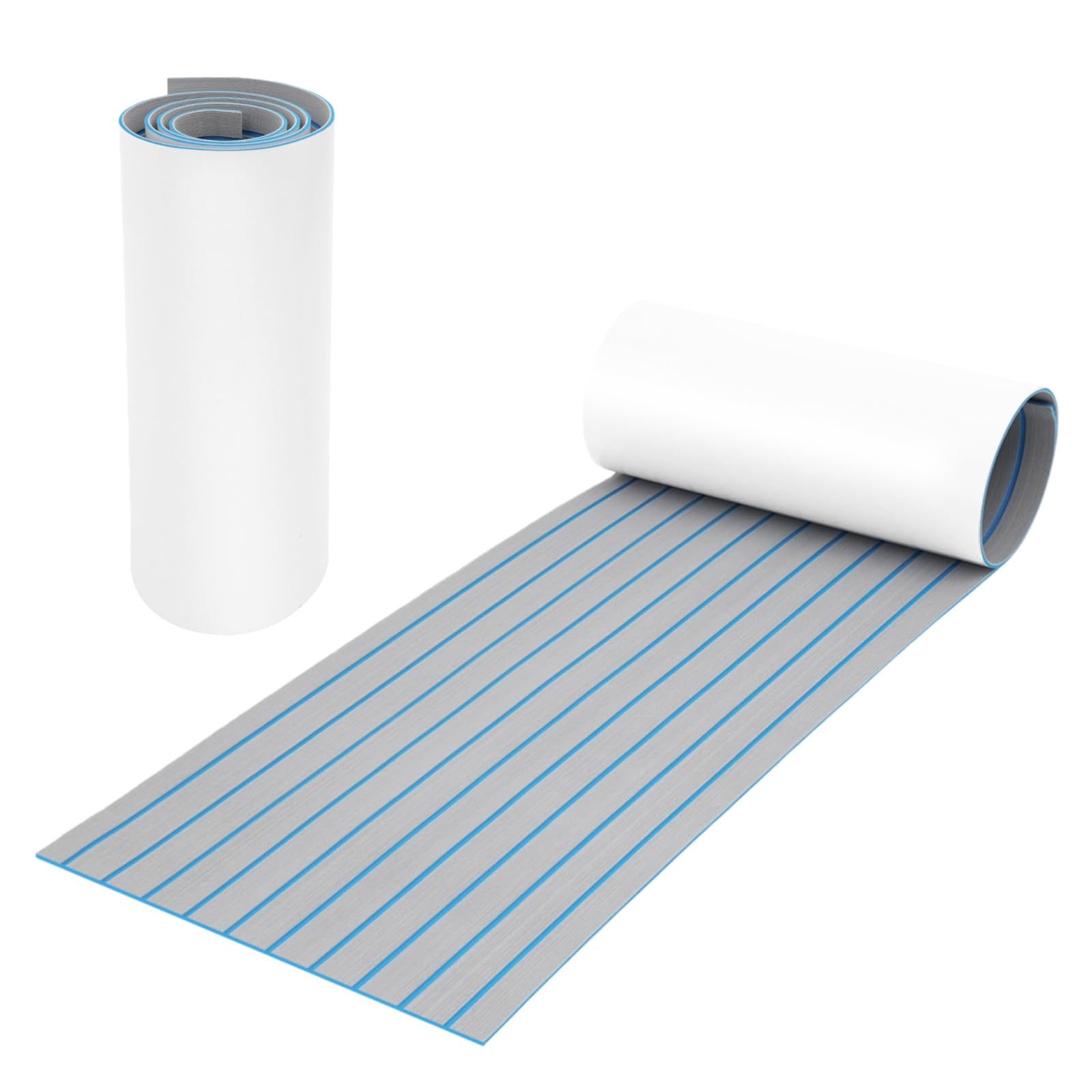 Eva Teak Tapis de Sol Autocollant 240 x 60 cm Revêtement de Sol antidérapant de 6 mm pour Votre Maison, Bateau, Marine, Salle de Sport, Gris Clair avec Coutures Bleue