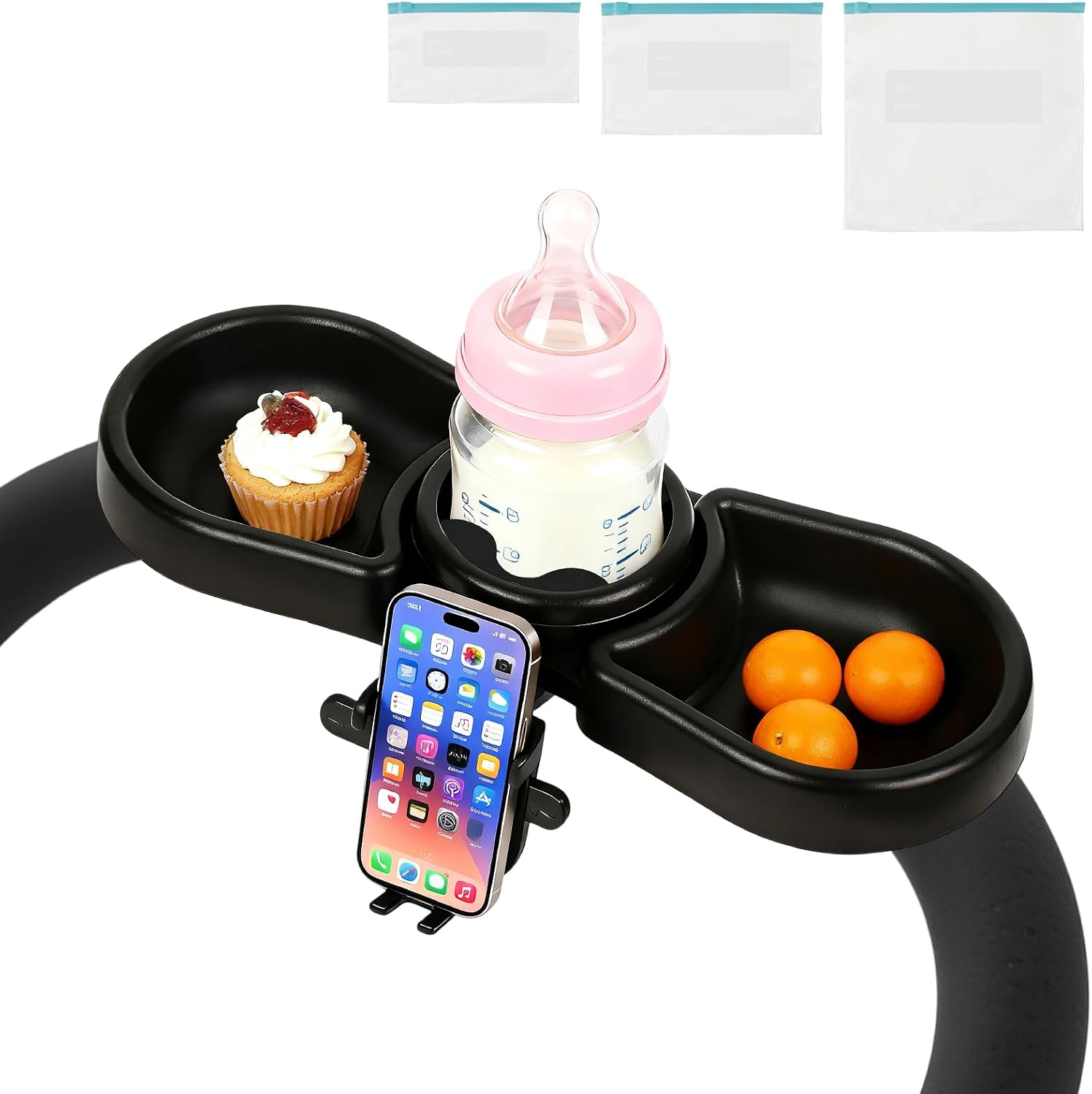 Universal Stroller Snack Tray, 4 in 1 Stroller Tray Attachment with Cups Phone Holder for Baby Toddler Stroller, 360° Rotation Universal Stroller Tray Compatible with Uppababy, Baby Jogger
