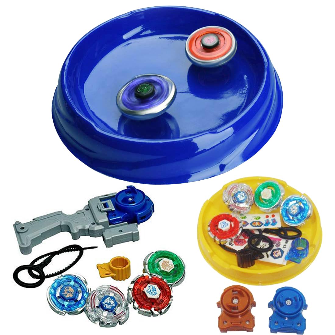 mQFIT 8 in 2 Metal Spinning Tops Combo with Stadium Set and 3 Launchers (8 Tops, 3 launchers, 1 Stadium) (Multi_Color) Toy for Boys and Girls