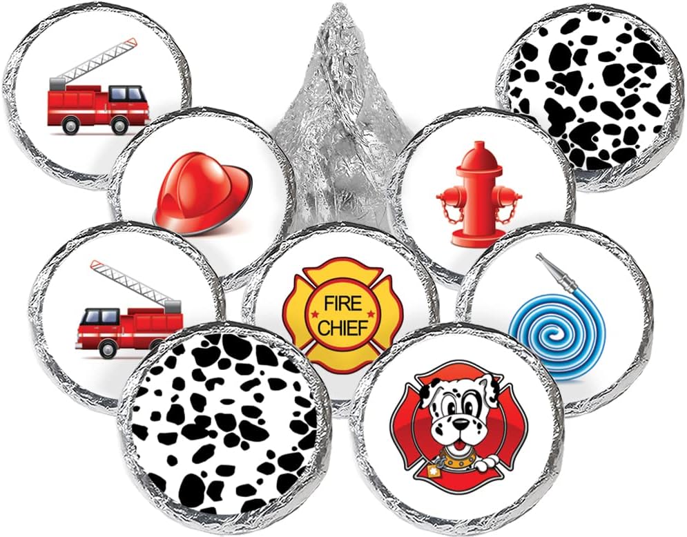 Firefighter Birthday Party Favor Chocolate Kisses Candy Stickers, Firetruck Birthday - 180 Labels