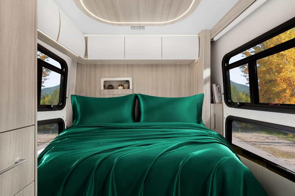 Homiest 4pcs RV Short Queen Satin Sheets Set Luxury Silky Satin Bedding Set with 10" Deep Pocket, Camper Queen Sheets, 1 Fitted Sheet + 1 Flat Sheet + 2 Pillowcases (RV Short Queen, Blackish Green)