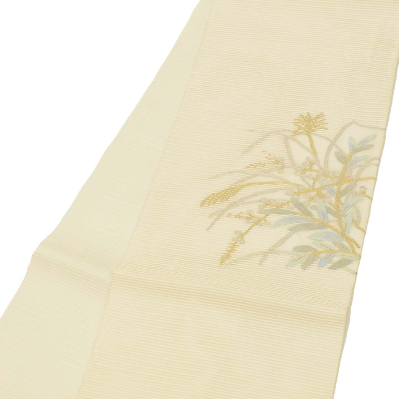 [着物ひととき] 袋帯 夏物 夏帯 正絹 リサイクル袋帯 仕立て上がり 白色系 ススキ文様 絽綴れ お太鼓柄 金糸 銀糸 uu105