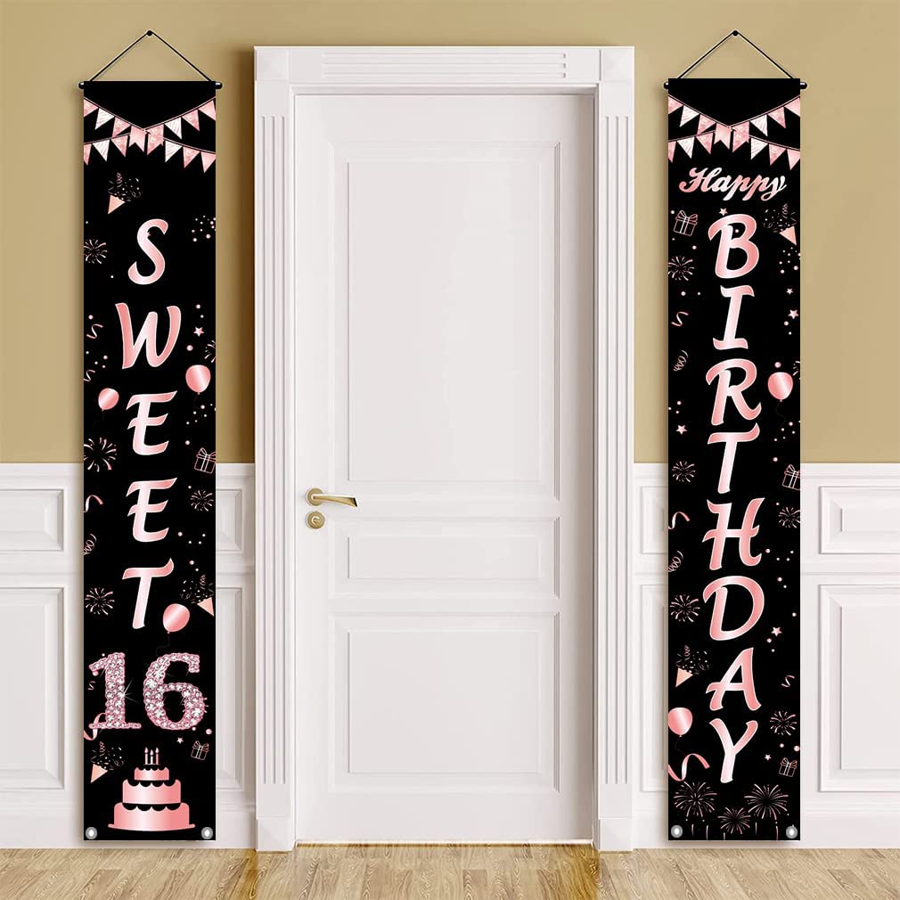 16th Birthday Banner Decorations for Girls, Sweet 16 Birthday Porch Sign, Happy Sixteen Birthday Party Supplies, Indoor Outdoor Party Decor Backdrop (Rose Gold)