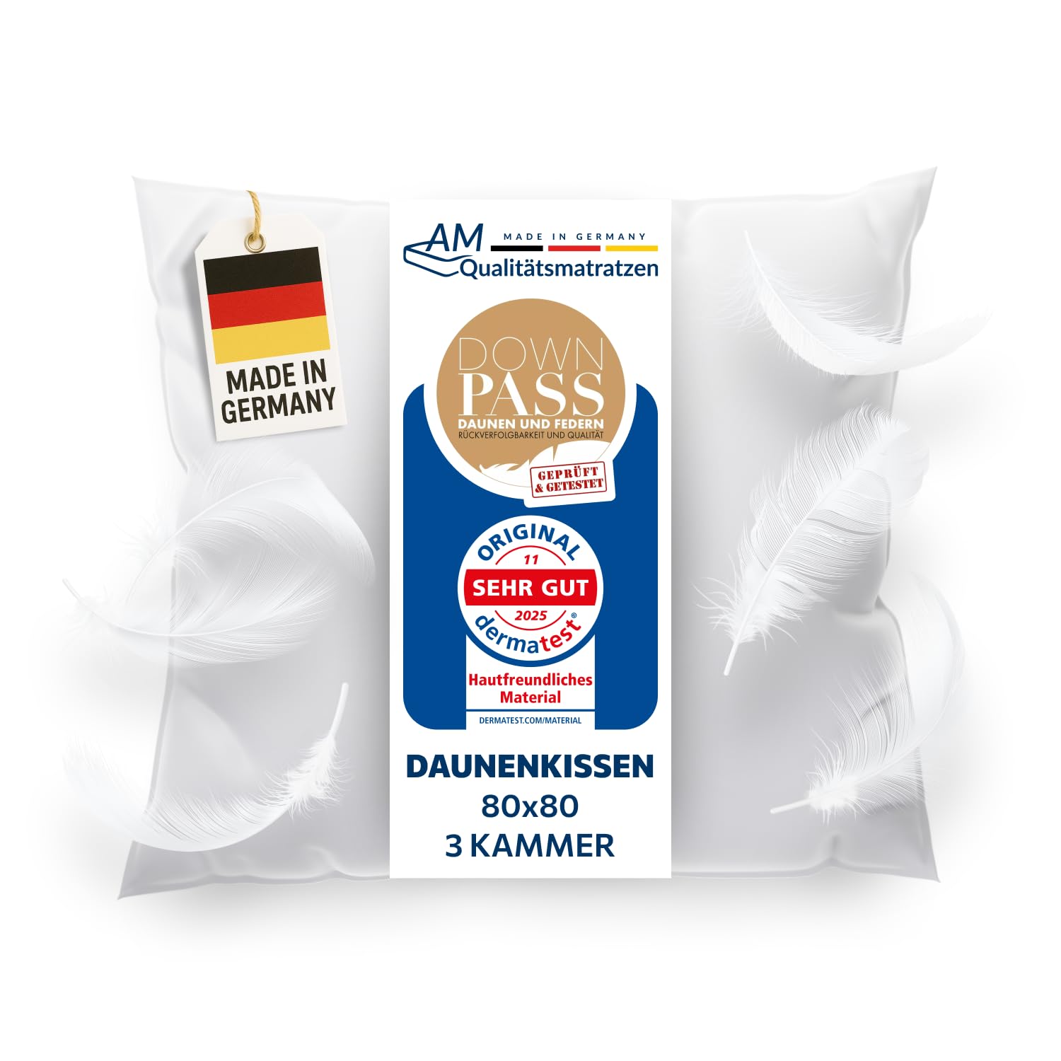Daunenkissen 80x80 - Made in Germany 3 Kammer Kopfkissen 80x80cm - Außenkammer aus 100% Daune - Federkissen 80 x 80 cm Allergiker geeignet - Kopfkissen 80x80 Federn und Daunen Füllung
