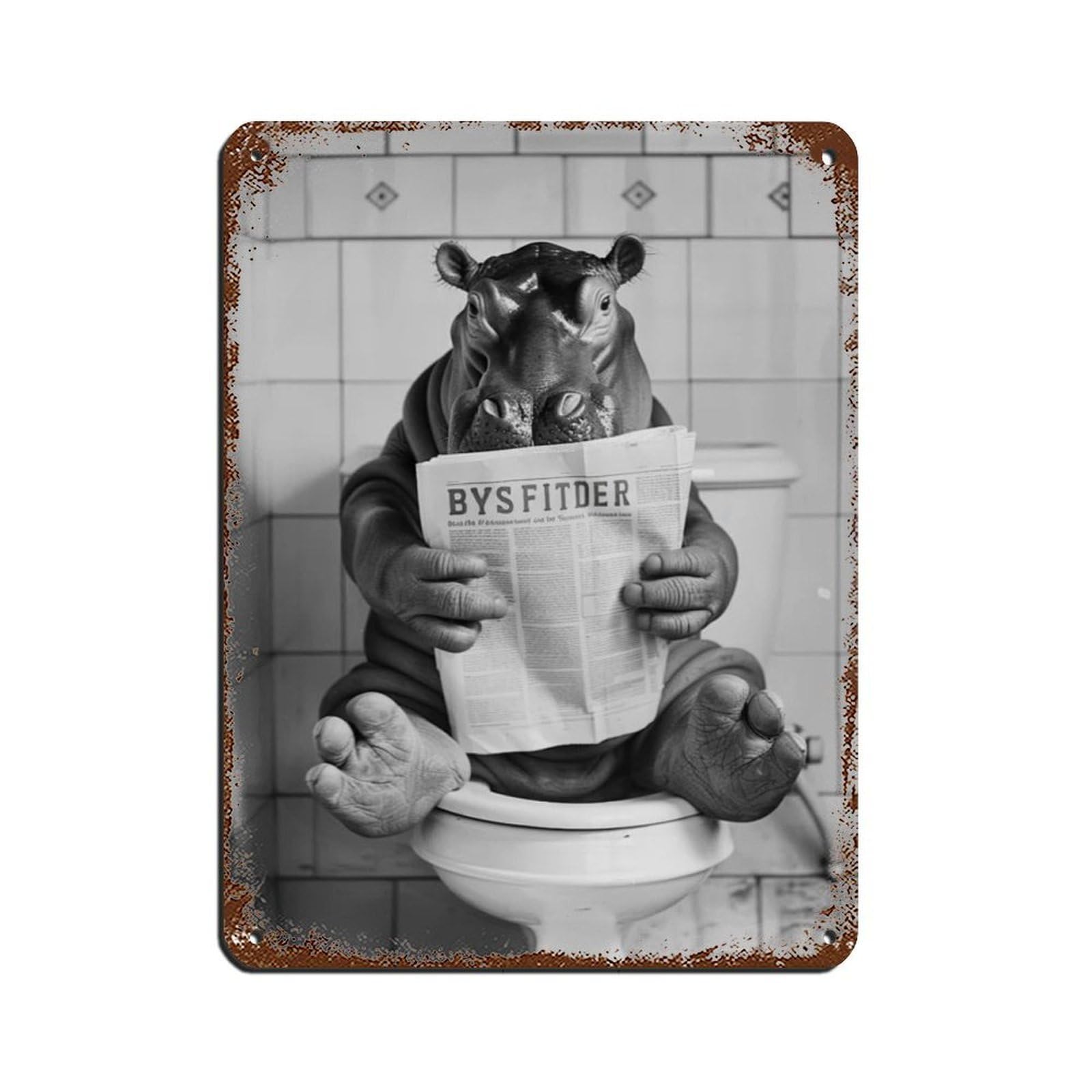 Lxwnze 30L X 40W Cm Hippo Sitting On The Toilet Reading A Newspaper (2) Tin Sign Vintage Metal Pub Club Cafe Bar Home Wall Art Decoration Poster Retro 12X16inch(30X40cm)