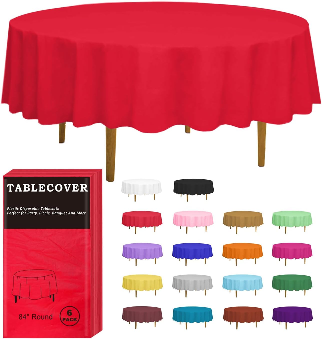 D&Z Plastic Table Cloth Disposable, 6 Pack Red Round Tablecloth Individually Wrapped for Indoor&Outdoor, 84 Inch Table Cover for Party, Picnic, Birthday, Wedding & Dinner
