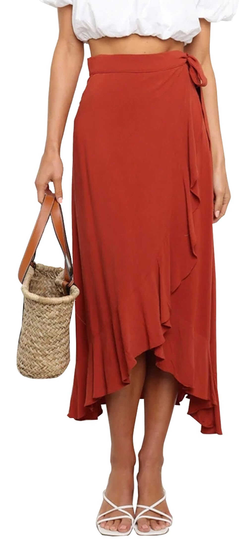 FEOYA Jupe Portefeuille mi-Longue Femmes Une Pièce Jupes Longues D'été Décontractées pour La Plage Taille Haute Jupes Maxi Enveloppantes