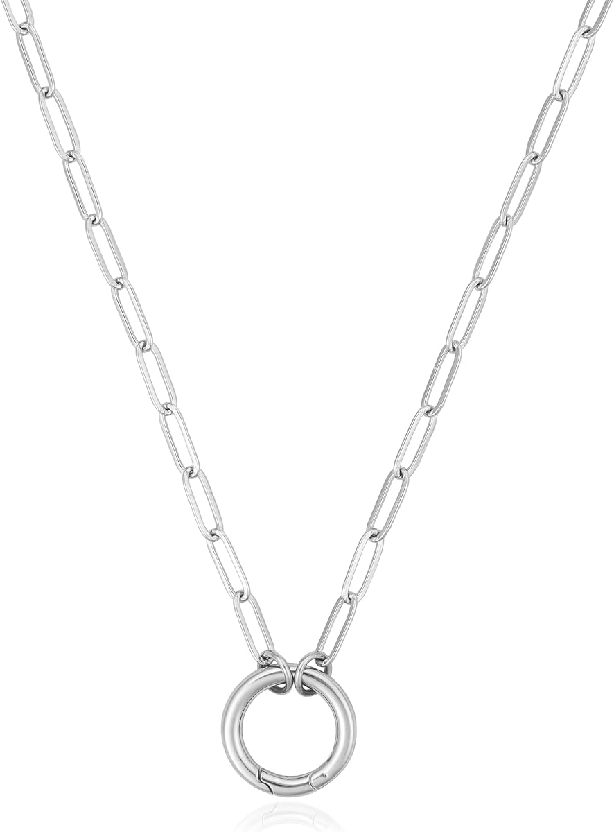 14K Gold Plated Open Circle Carabiner Link Paperclip Necklace with Charm Holder Pendant, Jewelry Gifts for Women