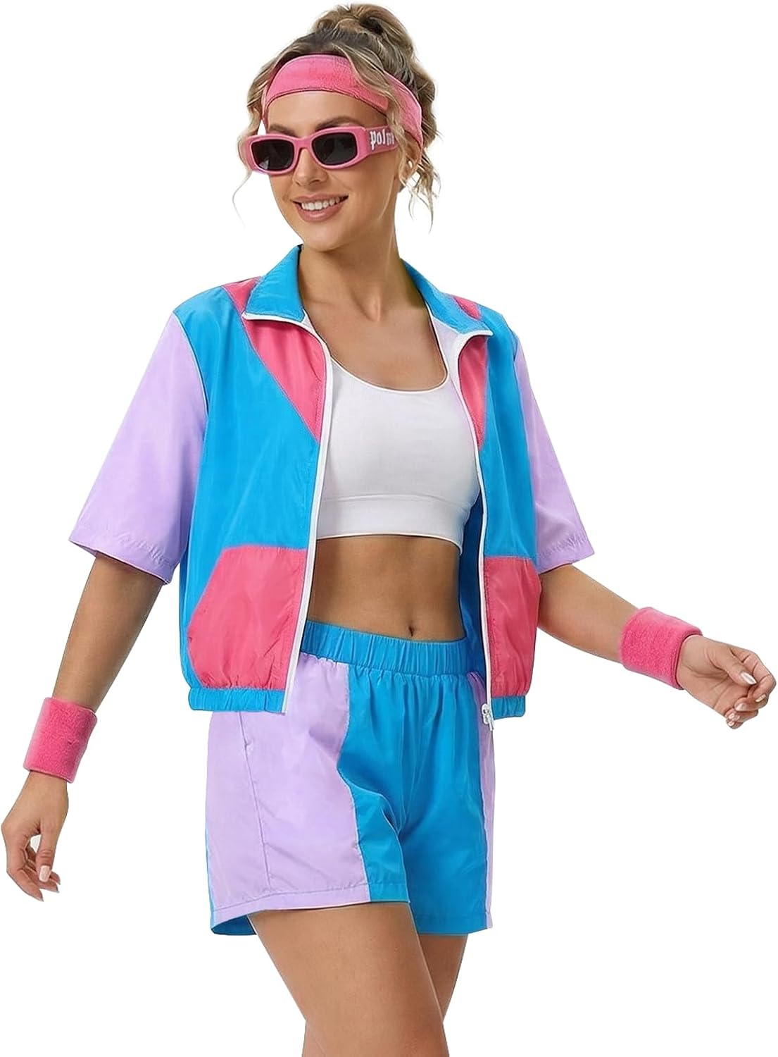 Women's Color Block 80s 90s Tracksuit,5 Pcs Short Sleeve Windbreaker with Yoga Headband Wristband Glasses