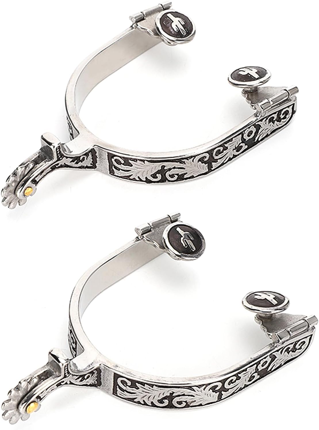 Horse Spurs,1 Pair Boot Spurs Roller Ball Spurs 3.35x3.15inch Stainless Steel Silver Engraved Bumper Spurs Style Horse Boot Spurs with Gear for Horse Training