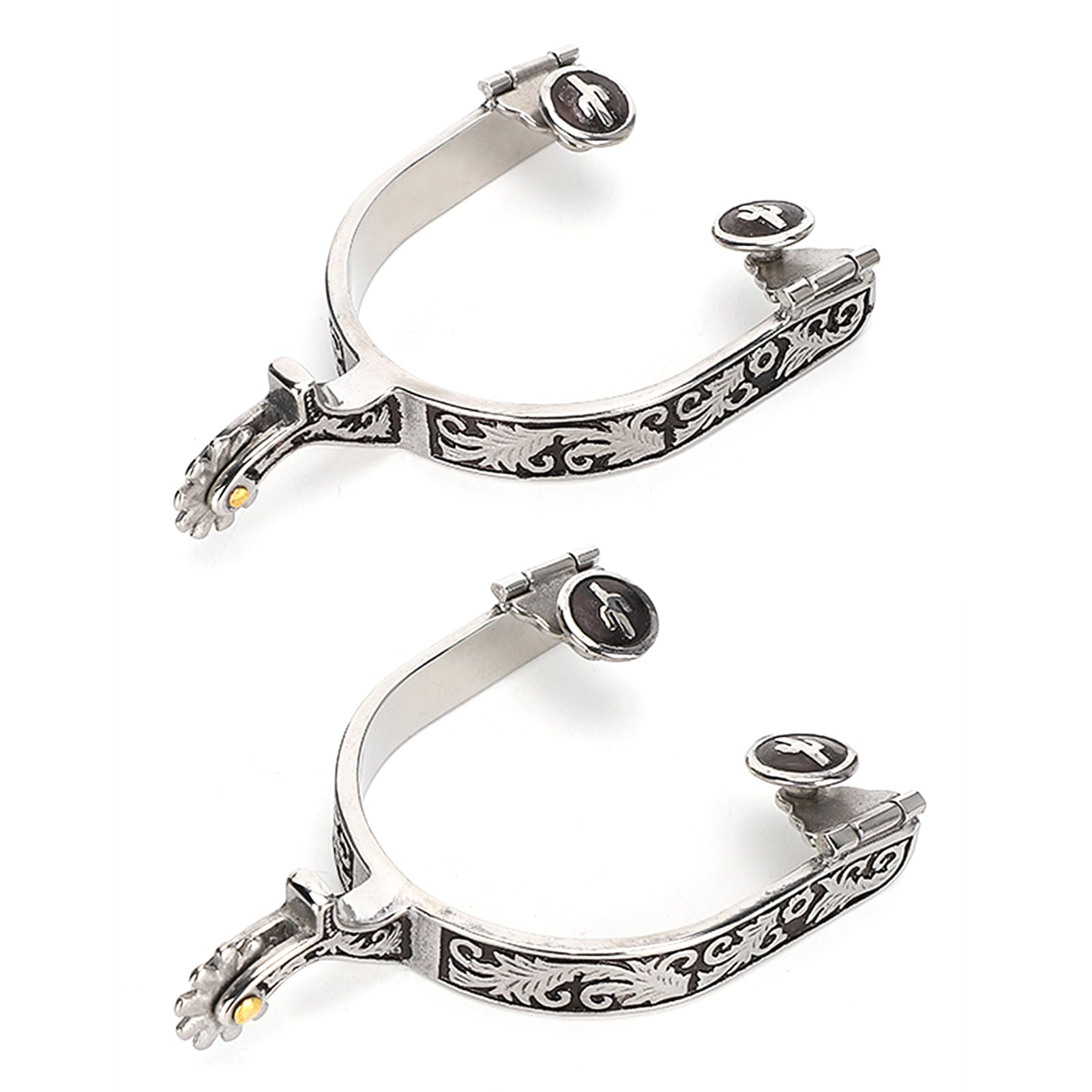 Horse Spurs,1 Pair Boot Spurs Roller Ball Spurs 3.35x3.15inch Stainless Steel Silver Engraved Bumper Spurs Style Horse Boot Spurs with Gear for Horse Training