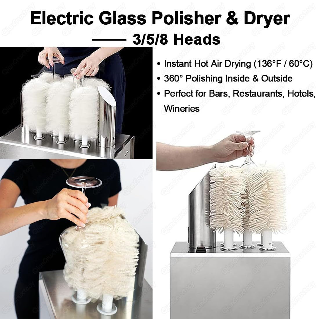Pulidora Eléctrica de Vasos y Copas, Pulidora Profesional de Copas con 3/5/8 Cabezales de Microfibra de Alta Densidad, Secado por Aire Caliente 360°, Elimina Manchas de Agua e Huellas A8