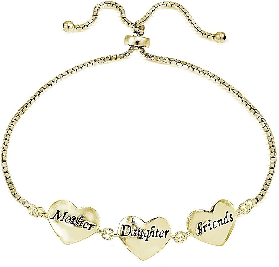 Hoops & Loops Sterling Silver MOM Daughter Friends Polished Heart Adjustable Bracelet