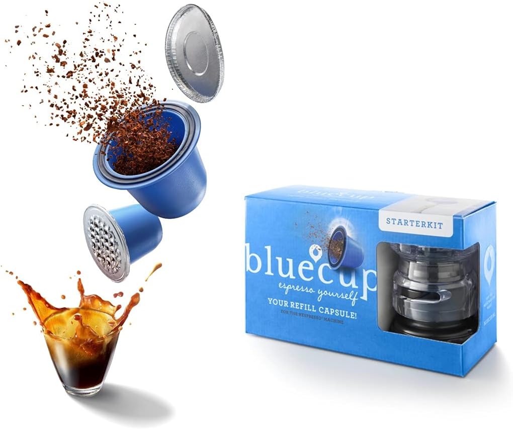 Bluecup Refillable Pods compatible with Nespresso (Original line) Starterkit [2 reusable capsules + 100 lids + 1 pod sealer + 1 spoon]